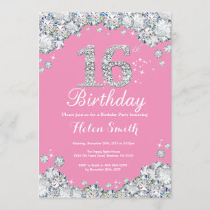 16th Birthday Invitation Pink and Silver Diamond