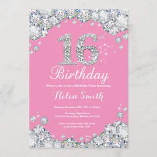 16th Birthday Invitation Pink and Silver Diamond