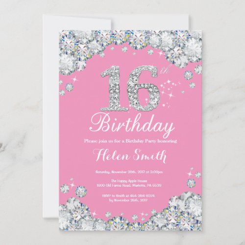 16th Birthday Invitation Pink and Silver Diamond