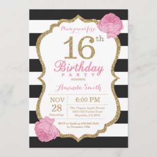 16th Birthday Invitation Pink Black Gold Floral