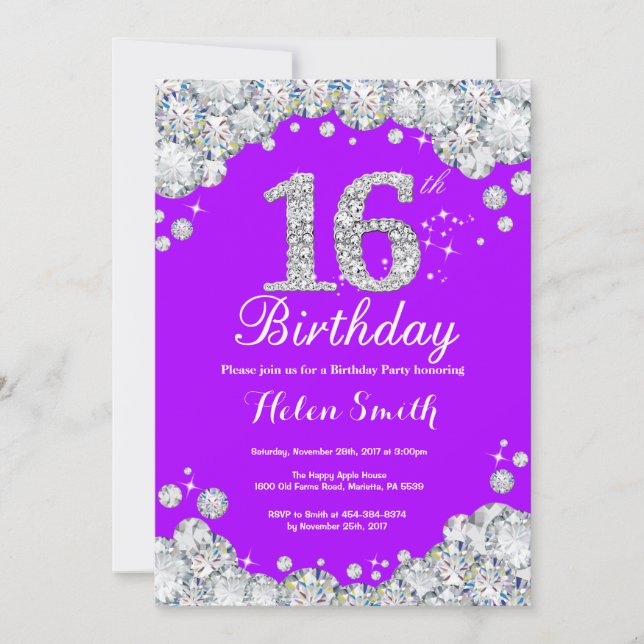 16th Birthday Invitation Purple and Silver Diamond (Front)