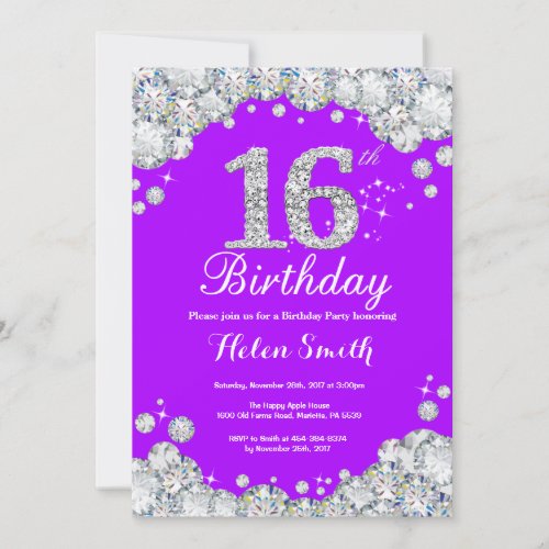 16th Birthday Invitation Purple and Silver Diamond