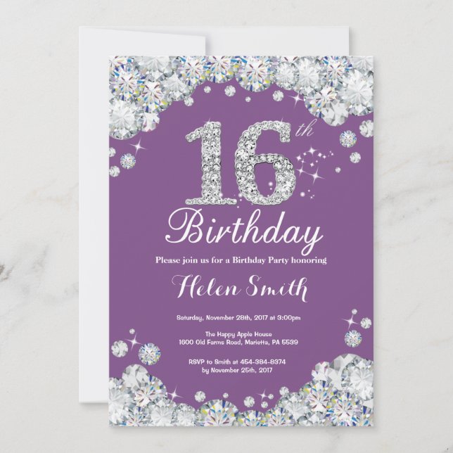 16th Birthday Invitation Purple and Silver Diamond (Front)