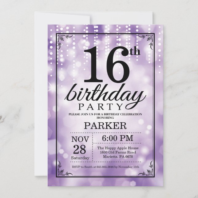 16th Birthday Invitation Purple Glitter (Front)