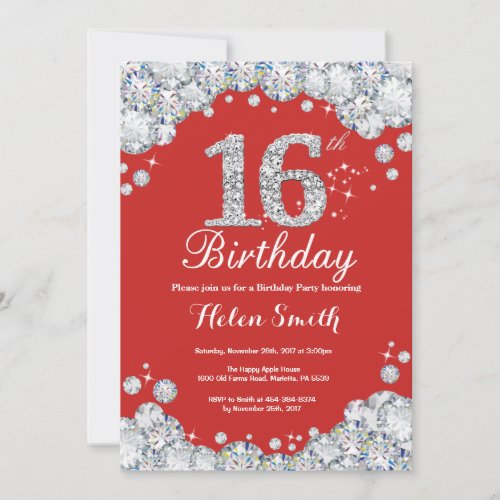 16th Birthday Invitation Red and Silver Diamond