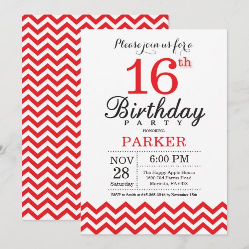 16th Birthday Invitation Red Chevron