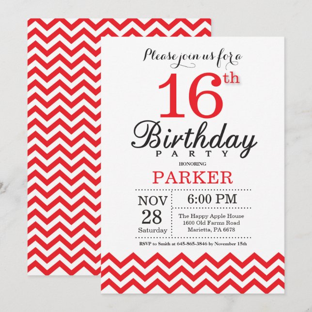 16th Birthday Invitation Red Chevron (Front/Back)