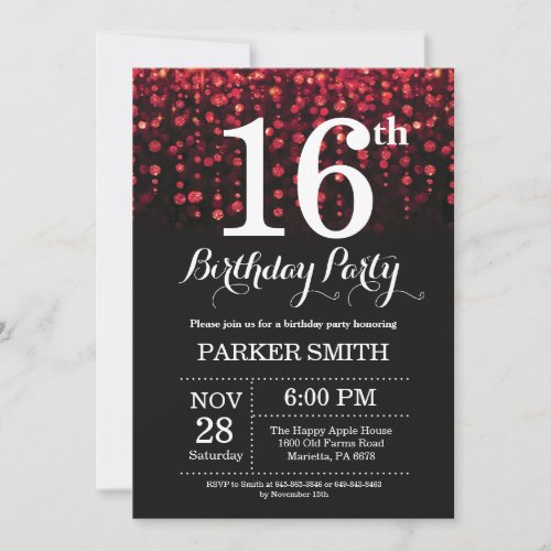 16th Birthday Invitation Red Glitter