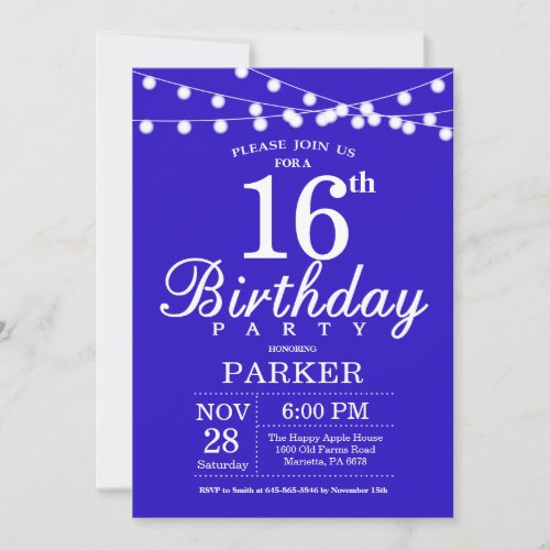 16th Birthday Invitation Royal Blue