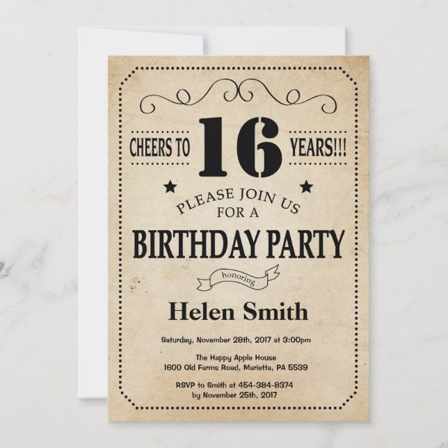 16th Birthday Invitation Rustic Vintage Retro (Front)