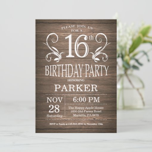 16th Birthday Invitation Rustic Wood Floral | Zazzle