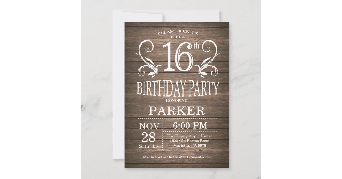 16th Birthday Invitation Rustic Wood Floral | Zazzle