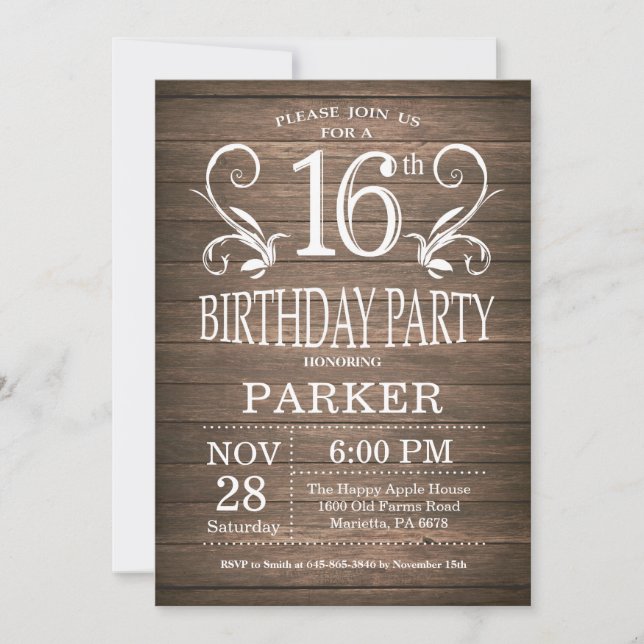 16th Birthday Invitation Rustic Wood Floral (Front)