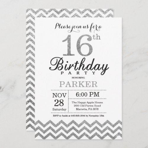 16th Birthday Invitation Silver Glitter