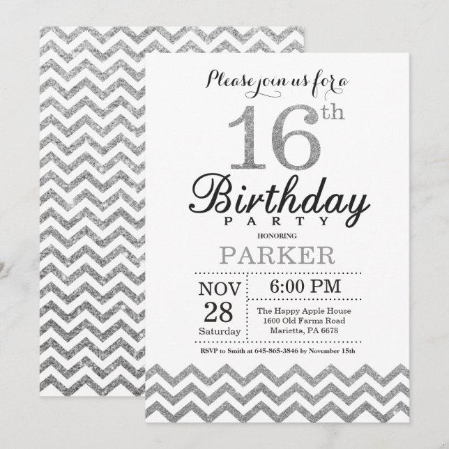 16th Birthday Invitation Silver Glitter (Front/Back)