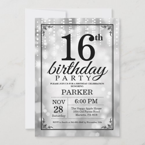 16th Birthday Invitation Silver Glitter