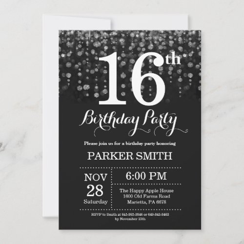 16th Birthday Invitation Silver Glitter