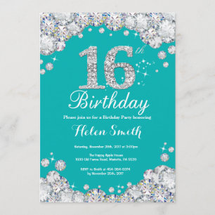 16th Birthday Invitation Teal and Silver Diamond