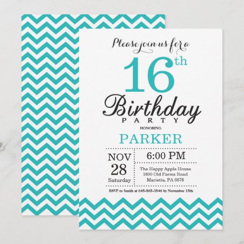 16th Birthday Invitation Teal Chevron