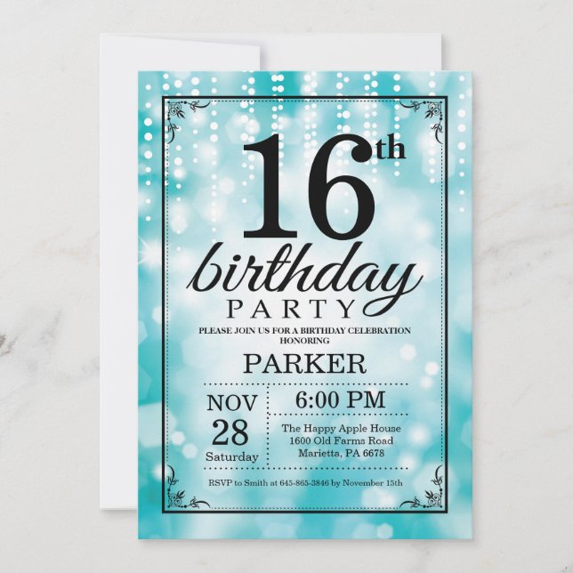 16th Birthday Invitation Teal Glitter (Front)