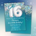 16th Birthday Invitation Teal Silver Glitter<br><div class="desc">16th Birthday Invitation Teal and Silver Glitter 16th birthday party invitation for a 16 year old with modern script writing and fun foil balloons.</div>