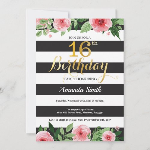 16th Birthday Invitation Teen Floral Gold Black