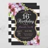 16th Birthday Invitation Women. Floral Gold Black (Front/Back)