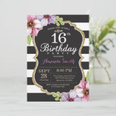 16th Birthday Invitation Women. Floral Gold Black (Standing Front)