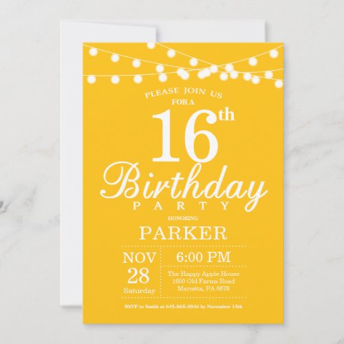 16th Birthday Invitation Yellow