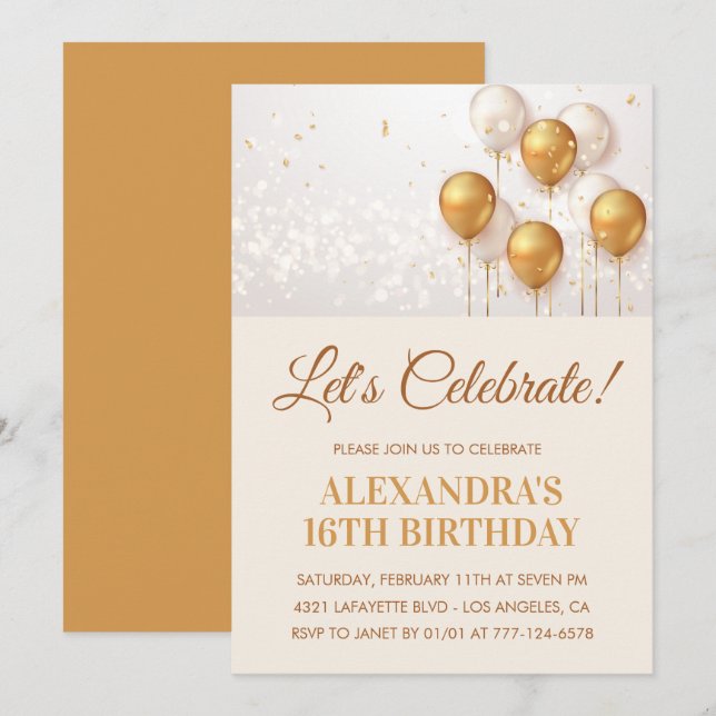 16th birthday invitations Balloons Gold (Front/Back)