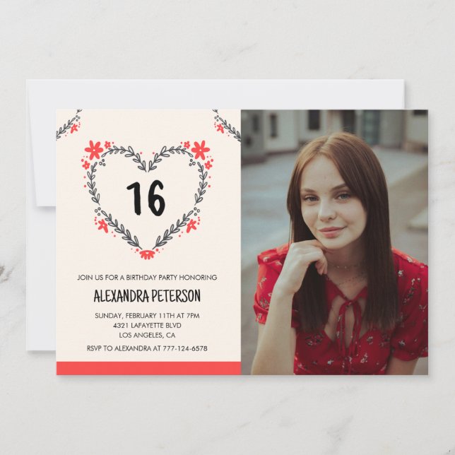 16th birthday invitations for her Floral Heart (Front)