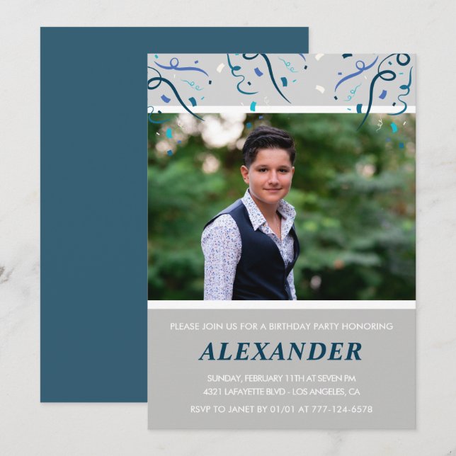 16th birthday invitations Men Confetti Photo Navy (Front/Back)