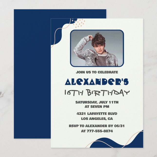 16th birthday invitations Men Navy Simple Photo (Front/Back)