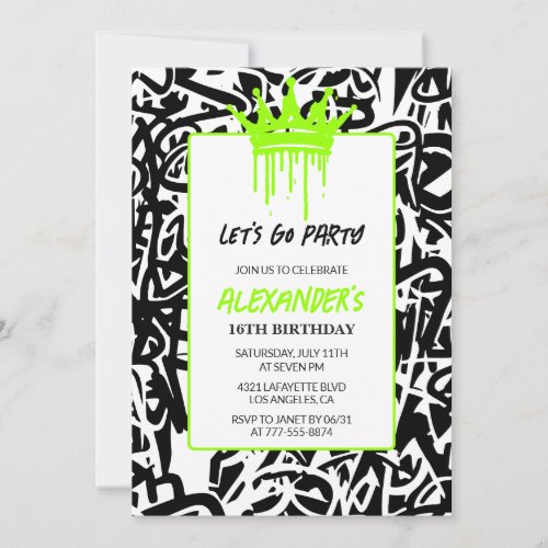 16th birthday invitations Men Party Graffiti Crown