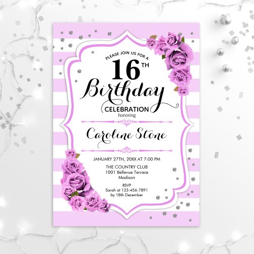 16th Birthday _  Lavender White Purple Flowers Invitation