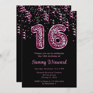 16th Birthday Leopard Print Balloons with Confetti Invitation