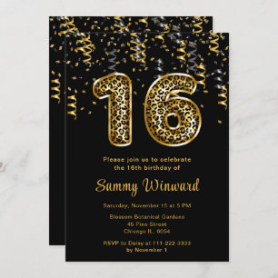 16th Birthday Leopard Print Balloons with Confetti Invitation