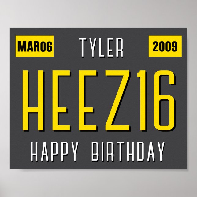 16th Birthday License Plate Poster, New Driver Poster (Front)