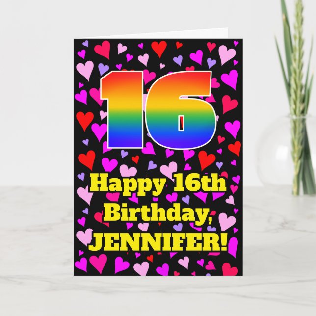 16th Birthday: Loving Hearts Pattern, Rainbow # 16 Card (Front)