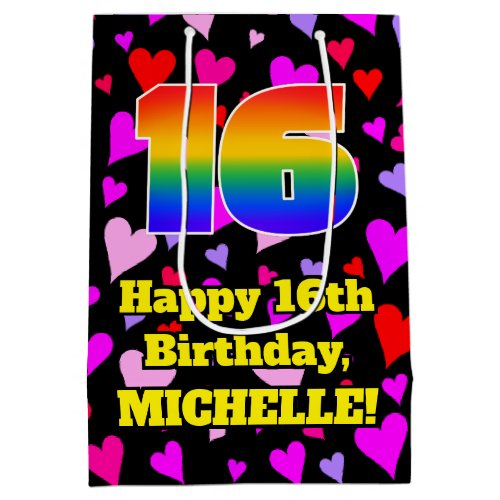 16th Birthday Loving Hearts Pattern Rainbow  16 Medium Gift Bag