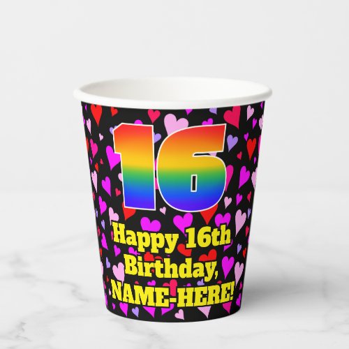 16th Birthday Loving Hearts Pattern Rainbow 16 Paper Cups