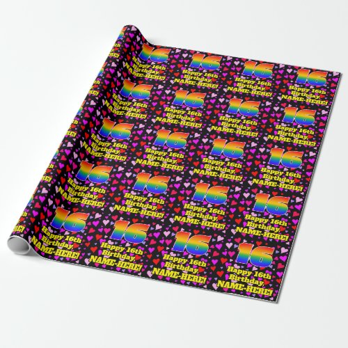 16th Birthday Loving Hearts Pattern Rainbow  16 Wrapping Paper