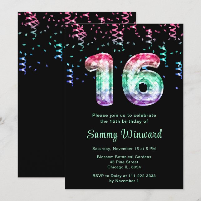 16th Birthday Mermaid Balloons with Confetti Invitation (Front/Back)
