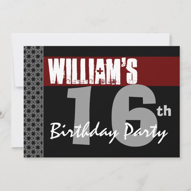 16th Birthday Modern Red Black Silver W1701 Invitation (Front)