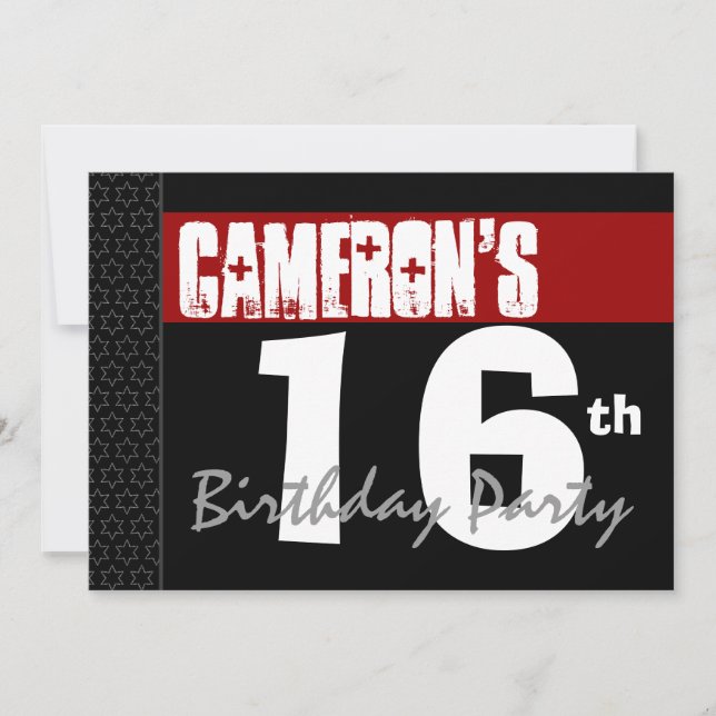 16th Birthday Modern Red Black White Stars v01 Invitation (Front)