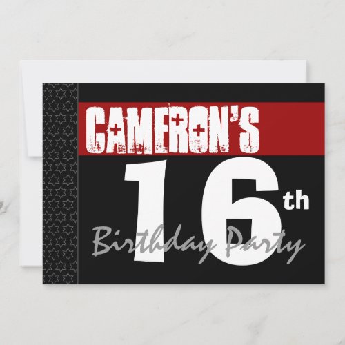 16th Birthday Modern Red Black White Stars v01 Invitation