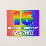 [ Thumbnail: 16th Birthday — Multicolored Rainbow Pattern “16” Jigsaw Puzzle ]