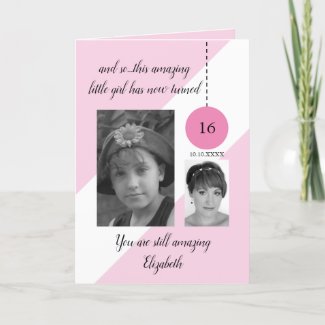 16th Birthday name date pink white photo Card