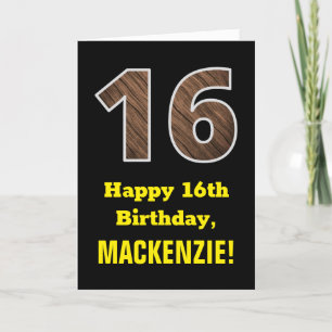 16th Birthday: Name, Faux Wood Grain Pattern "16" Card