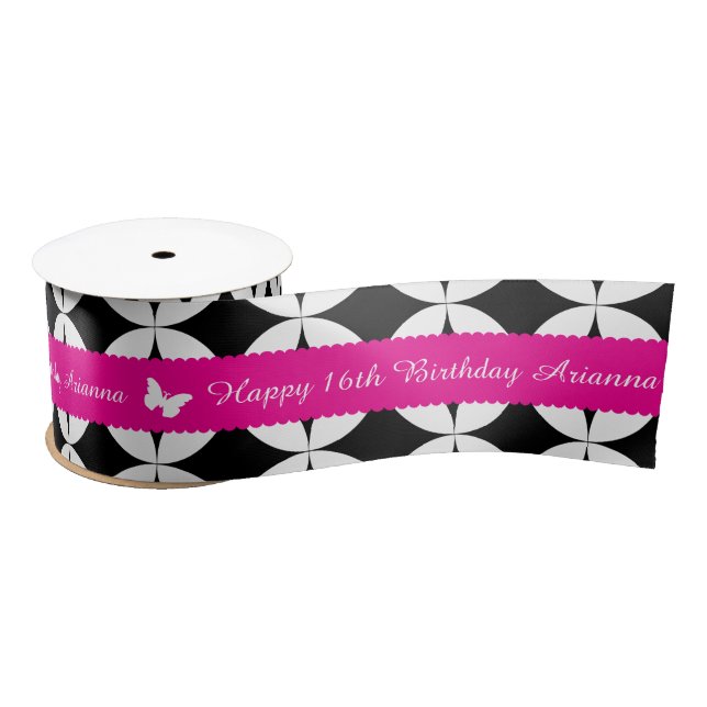 16th birthday name pink white butterfly ribbon (Spool)